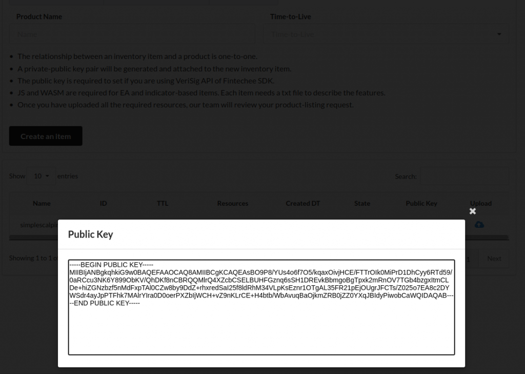 Public key generated by Fintechee.io inventory