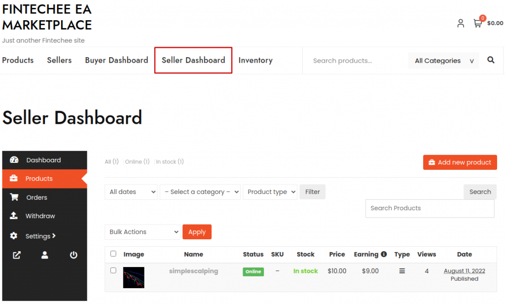 Fintechee.io seller dashboard