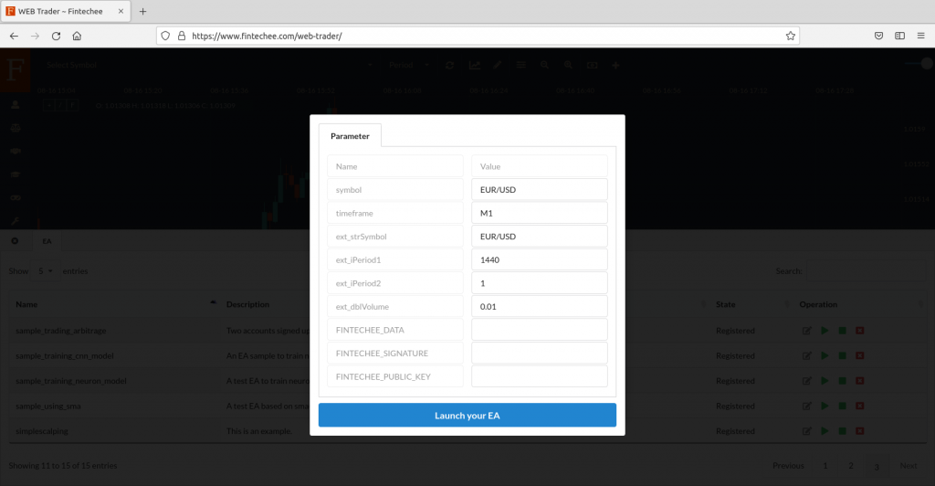 Fintechee.io WEB Trader runs EA